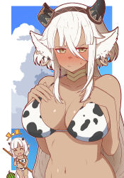 Rule 34 | 2girls, alternate costume, amagumo1023, angry, animal ears, animal print, ash (fire emblem), bare arms, bare shoulders, bikini, black horns, blush, breasts, broken horn, brown eyes, chibi, cleavage, closed eyes, closed mouth, collarbone, commentary request, cow ears, cow girl, cow horns, cow print, cow print bikini, cow tail, dark-skinned female, dark skin, embarrassed, fire emblem, fire emblem heroes, food, fruit, hair between eyes, hands on own chest, highres, holding, horns, large breasts, long hair, looking to the side, medium breasts, medium hair, meliai (fire emblem), multiple girls, navel, nintendo, outdoors, print bikini, sideboob, skindentation, smile, solo focus, stomach, swimsuit, tail, upper body, very long hair, watermelon, white hair