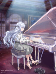 1girl absurdres bang_dream! bang_dream!_it&#039;s_mygo!!!!! barefoot blue_hair chair cuffed cuffs dated from_side grey_skirt hair_ribbon handcuffs highres indoors instrument light_rays long_hair long_sleeves mary_janes moonlight music nero_augustus on_chair piano_bench plaid_clothes plaid_skirt playing_instrument playing_piano ribbon shackles shirt shoes skirt solo spotlight togawa_sakiko twitter_username two_side_up unworn_shoes white_shirt window yellow_eyes