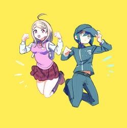 1boy 1girl ahoge akamatsu_kaede backpack bag baseball_cap belt belt_buckle black_belt black_footwear black_hair black_jacket black_pants black_socks blonde_hair bright_pupils brown_footwear buckle buttons clenched_hand clenched_hands closed_mouth collared_jacket collared_shirt danganronpa_(series) danganronpa_v3:_killing_harmony double-breasted full_body green_eyes hair_between_eyes hand_on_headwear happy hat high_collar jacket kneehighs large_cross layered_sleeves light_blush light_frown loafers long_hair long_sleeves looking_at_another looking_at_viewer midriff_peek miniskirt musical_note musical_note_print necktie notice_lines orange_necktie pants pink_eyes pink_vest pinstripe_jacket pinstripe_pants pinstripe_pattern pleated_skirt pocket purple_skirt qosic saihara_shuichi shirt shoes short_hair simple_background skirt smile socks teeth upper_teeth_only v-neck vest white_bag white_pupils white_shirt yellow_background