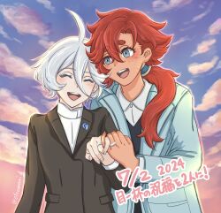 2girls absurdres black_jacket blue_eyes blue_jacket closed_eyes cloud commentary_request gundam gundam_suisei_no_majo highres holding_hands jacket jewelry long_hair miorine_rembran multiple_girls open_mouth otsunami outdoors ponytail red_hair ring scar scar_on_face shirt short_hair smile suletta_mercury sunset teeth thick_eyebrows translation_request twitter_username upper_body upper_teeth_only wedding_ring white_hair white_shirt wife_and_wife yuri