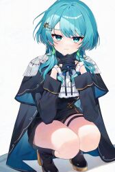 1girl absurdres aoi_sonata black_boots blue_bow blue_bowtie blue_cloak blue_eyes blue_gloves blue_hair blue_jacket blush boots bow bowtie cloak closed_mouth commentary_request commission full_body gloves green_hair highres indie_virtual_youtuber jacket long_hair long_sleeves looking_at_viewer multicolored_hair own_hands_together simple_background skeb_commission smile solo squatting streaked_hair thigh_strap tyazakura_sayu virtual_youtuber watermark white_background