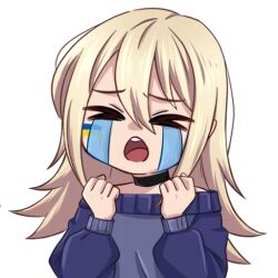 1girl black_choker blonde_hair blush choker closed_eyes facepaint hair_between_eyes henna_(hentaiukr) hentaiukr korzynka_persykiv long_hair meme non-web_source off_shoulder own_hands_clasped own_hands_together purple_sweater solo sticker sweater transparent_background ukrainian_flag uohhhhhhhhh!_(meme)