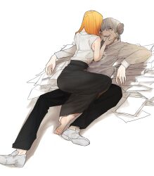 1boy 1girl barefoot black_pants black_skirt blonde_hair collared_shirt franken_stein_(soul_eater) girl_on_top grey_hair hands_on_another&#039;s_cheeks hands_on_another&#039;s_face hetero highres hissiu long_hair long_skirt long_sleeves looking_at_another lying lying_on_person marie_mjolnir object_through_head on_back open_mouth pants paper screw_in_head shirt shoes short_hair simple_background skirt sleeveless sleeveless_shirt smile soul_eater stitched_face stitches teeth white_background white_shirt