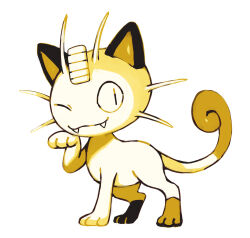 Rule 34 | bluekomadori, cat, closed mouth, fangs, full body, gen 1 pokemon, highres, looking at viewer, meowth, nintendo, no humans, one eye closed, pokemon, pokemon (creature), simple background, solo, white background