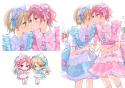 2boys absurdres animal_ear_headwear blonde_hair blue_bow blue_dress bow cat_tail chibi closed_eyes closed_mouth collar crossdressing dress ensemble_stars! fake_animal_ears four-finger_heart_hands frilled_collar frilled_dress frilled_headwear frills heart heart_hands heart_hands_duo highres looking_at_another male_focus multiple_boys multiple_views oukawa_kohaku pink_bow pink_dress pink_hair shiratori_aira_(ensemble_stars!) shisokonbu short_hair short_sleeves simple_background tail white_background yaoi