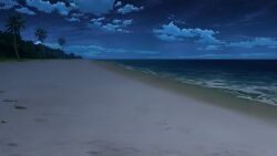 beach blue_sky cloud cloudy_sky dark footprints forest grass highres horizon nature night no_humans non-web_source official_art our_life:_beginnings_and_always palm_tree sand scenery sky star_(sky) starry_sky tree water