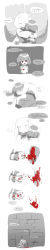 1girl absurdres androgynous blood blood_from_mouth chara_(undertale) chinese_text comic death everina frisk_(undertale) furry furry_female heart heart_necklace highres horns hug jewelry knife long_image long_sleeves looking_at_viewer monster_girl necklace red_eyes shirt short_hair spoilers spot_color stab striped_clothes striped_shirt tall_image tears toriel translation_request undertale wall wide-eyed