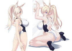 absurdres animal_ear_fluff animal_ears ass blonde_hair blue_archive blue_eyes dog_ears extra_ears hair_over_one_eye halo highleg highleg_one-piece_swimsuit highres kanna_(blue_archive) kanna_(swimsuit)_(blue_archive) looking_back multiple_views one-piece_swimsuit swimsuit torahime_(roland00) white_one-piece_swimsuit