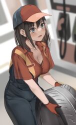 1girl belt black_bra black_gloves black_hair black_pants blue_eyes blush bra breasts cleavage gas_station gloves hair_between_eyes hat hay highres holding holding_tire kureha_(ironika) large_breasts medium_breasts open_mouth orange_gloves original pants shirt short_sleeves smile solo spare_tire underwear unused_tire