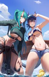 Rule 34 | 2girls, abs, absurdres, aqua hair, arknights, armpits, artist name, baseball cap, bikini, blue bikini, blue hair, blue nails, blue sky, blush, breasts, ch&#039;en (arknights), cleavage, closed mouth, clothes around waist, cloud, crop top, dragon horns, dragon tail, eyelashes, goggles, grin, hair between eyes, hand on own hip, hat, highleg, highleg bikini, highres, holding, holding surfboard, horns, hoshiguma (arknights), jacket, jacket around waist, large breasts, long hair, looking at viewer, micro shorts, multiple girls, nail polish, navel, open fly, outdoors, pink eyes, ponytail, rasipan, red eyes, red nails, rubber duck, shirt, shorts, single horn, skin-covered horns, sky, smile, surfboard, swim goggles, swimsuit, tail, tan, tanline, taut clothes, taut shirt, thighs, underboob, unworn goggles, wading, wet, yellow eyes