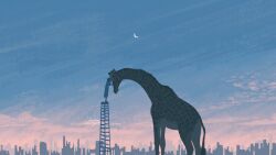 1girl absurdres animal animal_focus city cloud commentary_request crescent_moon dated dress dusk giraffe hand_on_another&#039;s_face highres ladder moon nothingblues_yuki original signature sky