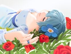 1girl blue_dress blue_eyes blue_hair blue_sash breasts cleavage commentary dress english_commentary flower gloamy highres jewelry lying mahou_shoujo_madoka_magica mahou_shoujo_madoka_magica_(anime) miki_sayaka on_back on_ground photo-referenced poppy_(flower) ring sash short_hair solo