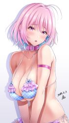 1girl ahoge arm_strap bikini blue_bikini blue_hair blush breasts cleavage collar collarbone dated earrings fang female_focus frilled_bikini frills grey_background hair_between_eyes hair_intakes heart highres idolmaster idolmaster_cinderella_girls jewelry large_breasts looking_at_viewer multicolored_hair open_mouth parted_lips pill_earrings pink_collar pink_eyes pink_hair polka_dot polka_dot_bikini short_hair side-tie_bikini_bottom simple_background skindentation solo swimsuit two-tone_hair upper_body v_arms yoohi yumemi_riamu