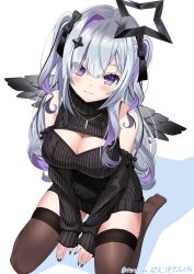1girl amane_konata bare_shoulders black_halo black_sweater black_thighhighs black_wings blush breasts cleavage cleavage_cutout clothing_cutout feathered_wings feet grey_hair halo hololive kneeling large_breasts long_hair looking_at_viewer meme_attire purple_eyes purple_hair simple_background sleeveless sleeveless_sweater solo ssssanuka star_halo sweater thighhighs two_side_up virgin_killer_sweater virtual_youtuber white_background wings
