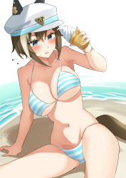 1girl absurdres animal_ears anok7456 beach bikini blue_bikini blue_eyes breasts brown_hair cheval_grand_(umamusume) commentary_request food hat highres holding holding_food holding_ice_cream horse_ears horse_tail ice_cream large_breasts multicolored_hair outdoors short_hair solo streaked_hair striped_bikini striped_clothes swimsuit tail umamusume white_hair white_hat