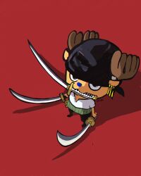 1boy 89gino05 absurdres animal_ears antlers antlers_through_headwear bandana black_bandana black_pants blue_nose commentary cosplay deer_ears earrings full_body gold_earrings green_sash highres holding holding_sword holding_weapon horns jewelry katana looking_at_viewer male_focus mouth_hold multiple_earrings one_piece pants red_background reindeer_antlers reindeer_boy roronoa_zoro roronoa_zoro_(cosplay) sash serious shirt short_sleeves solo standing sword symbol-only_commentary tony_tony_chopper weapon white_shirt