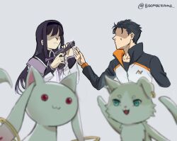 Rule 34 | 1boy, 1girl, :3, akemi homura, akemi homura (magical girl), black hair, boomberang, cocking gun, commentary, crossover, earrings, english commentary, frown, glint, green eyes, gun, handgun, highres, holding, holding gun, holding weapon, jacket, jewelry, kyubey, long hair, looking down, mahou shoujo madoka magica, mahou shoujo madoka magica (anime), natsuki subaru, no eyes, pants, puck (re:zero), purple hair, re:zero kara hajimeru isekai seikatsu, red eyes, shaded face, short hair, single earring, sweatdrop, track jacket, track pants, track suit, waving, weapon, white background