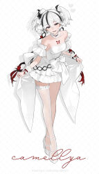 1girl absurdres bare_shoulders black_hair breasts camellya_(wuthering_waves) character_name collarbone commentary_request dress frilled_wrist_cuffs frills garter_straps grey_eyes hair_between_eyes high_heels highres jyan512 korean_commentary leaning_forward long_hair looking_at_viewer medium_breasts multicolored_hair parted_lips red_hair red_pupils shoes single_garter_strap single_thighhigh solo strapless strapless_dress teeth thighhighs twintails very_long_hair white_background white_dress white_garter_straps white_hair white_shoes white_thighhighs white_wrist_cuffs wrist_cuffs wuthering_waves