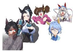 5girls absurdres ahoge animal_ears black_hair blue_eyes blue_hair breasts brown_hair cleavage fuji_kiseki_(umamusume) green_eyes highres horse_ears horse_girl k.s.miracle_(umamusume) looking_at_viewer mejiro_ramonu_(umamusume) multiple_girls tamamo_cross_(umamusume) tuomali umamusume