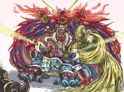 1990s_(style) barbariccia barnabas blonde_hair cagnazzo cloak dr._lugae final_fantasy final_fantasy_iv golbez horns kuu_(pixiv582427) laser long_hair monster rubicante scarmiglione very_long_hair what