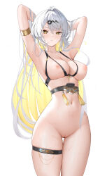 1girl absurdres alternate_costume armlet armpits arms_behind_head bikini bikini_top_only blhazx blonde_hair blush bottomless breasts chinese_commentary cleavage cleft_of_venus collarbone colored_inner_hair commentary_request cowboy_shot cupless_bikini groin hair_intakes hair_ornament highres jewelry large_breasts long_hair looking_at_viewer multicolored_hair navel parted_lips presenting_armpit pussy simple_background skindentation solo stomach swimsuit thigh_gap thigh_strap thighs very_long_hair wet white_background white_hair yellow_eyes yixuan_(zenless_zone_zero) zenless_zone_zero
