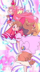2girls absurdres blush bow bowtie commentary_request crown cure_wonderful dog dress feet_out_of_frame flying hair_bow high_ponytail highres inukai_komugi inukai_komugi_(dog) long_hair looking_at_viewer looking_to_the_side magical_girl muimui_(4242564muimui) multiple_girls open_mouth pink_bow pink_crown pink_dress pink_hair ponytail precure purple_bow purple_bowtie purple_dress wonderful_precure!