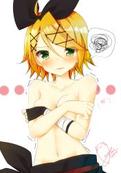 00s 1girl 2016 ^_^ ^q^ amane_(amnk1213) bandages blonde_hair blush bow closed_eyes covering_breasts covering_privates crying crying_with_eyes_open dated embarrassed female_focus fingerless_gloves gloves green_eyes hair_bow hair_ornament hairclip highres iroha_uta_(vocaloid) kagamine_rin kagamine_rin_(heat_haze) navel project_diva_(series) short_hair signature solo stomach tears topless_female trembling upset vocaloid wavy_mouth