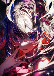1girl artist_name ascot bare_shoulders blurry blurry_foreground blush chromatic_aberration collared_dress commentary diyokama dress floating_hair hair_between_eyes hair_ornament hair_ribbon hand_on_own_face hand_to_own_mouth highres hoshino_ai idol idol_clothes light_particles long_hair looking_at_viewer open_mouth oshi_no_ko parted_lips pink_ascot pink_dress pink_ribbon purple_eyes purple_hair rabbit_hair_ornament ribbon shadow sleeveless sleeveless_dress smile solo sparkle star_(symbol) star_hair_ornament symbol-only_commentary upper_body
