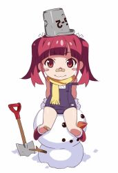 :3 bandaid bandaid_on_face bandaid_on_knee bandaid_on_leg bandaid_on_nose blush_stickers boots bow bucket bucket_on_head carrot chibi gloves hair_bow looking_at_viewer object_on_head original red_boots red_eyes red_hair scarf school_swimsuit shovel sitting smile snow snowman swimsuit twintails watanabe_akio white_background