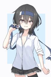 Rule 34 | 1girl, alternate hair length, alternate hairstyle, asymmetrical legwear, black hair, black skirt, blue headband, blush, breasts, cowboy shot, hair between eyes, hatsushimo (kancolle), hatsushimo kai ni (kancolle), headband, highres, kantai collection, kneehighs, long hair, looking at viewer, low-tied long hair, medium hair, pleated skirt, red eyes, school uniform, shirt, single kneehigh, single sock, single thighhigh, skirt, small breasts, smile, socks, solo, thighhighs, umino ht, uneven legwear, white background, white shirt