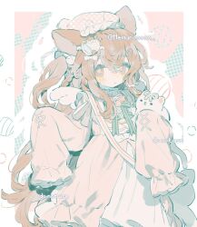 1girl animal_ears bow braid brown_eyes brown_hair detached_wings dress food-themed_hair_ornament frills hair_between_eyes hair_ornament hairclip hat highres long_hair long_sleeves memuro original pastel_colors puffy_sleeves sample_watermark sleeves_past_fingers sleeves_past_wrists very_long_hair watermark wings