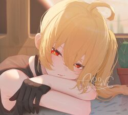 Rule 34 | 1girl, absurdres, ahoge, aooni 09, black choker, black gloves, blonde hair, bright pupils, choker, closed mouth, gloves, hair between eyes, half gloves, highres, long hair, looking at viewer, luciana de montefio, red eyes, side ponytail, signature, solo, white pupils, zenless zone zero