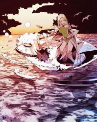 1girl armor bird blonde_hair blue_eyes boots breasts bridal_gauntlets brown_boots cape celes_chere final_fantasy final_fantasy_vi fish green_leotard highres holding_flail leotard long_hair medium_breasts mirrorclew ocean open_mouth parted_bangs shoulder_armor solo sunset