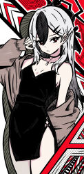 1girl black_dress black_hair black_horns blue_archive brown_jacket commentary_request demon_horns dress grey_hair hair_between_eyes halo hand_up highres horns jacket kayoko_(blue_archive) kayoko_(dress)_(blue_archive) long_hair long_sleeves looking_at_viewer official_alternate_costume official_alternate_hairstyle red_eyes sleeves_past_wrists solo standing user_ajkx8745