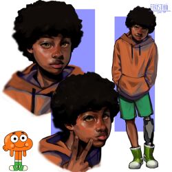 1boy black_hair dark-skinned_male dark_skin darwin_watterson feristhii green_shoes green_shorts highres hood hoodie humanization male_focus multiple_views orange_hoodie prosthesis prosthetic_leg shoes shorts solo the_amazing_world_of_gumball v