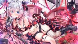 1girl abeli absurdres animal_ears bare_shoulders bikini black_bikini black_boots black_choker black_gloves black_shorts blue_eyes boots breasts cat_ears cat_tail choker commentary_request commission cropped_jacket cross cross_choker fingerless_gloves fishnet_thighhighs fishnets flower gloves gradient_hair hair_ornament hairclip highres jacket knee_boots konana_(artmug) korean_commentary long_hair looking_at_viewer low_twintails lying micro_shorts microphone_stand multicolored_hair nail_polish navel off_shoulder on_side open_fly original pink_hair red_jacket rose second-party_source shorts single_thighhigh small_breasts solo stomach string_bikini swimsuit tail thigh_strap thighhighs thighs twintails two-tone_hair very_long_hair white_hair x_hair_ornament