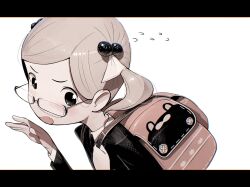 Rule 34 | 1girl, backpack, bag, black-framed eyewear, black eyes, black jacket, blonde hair, blush, collared shirt, fang, flying sweatdrops, glasses, hair bobbles, hair ornament, hair ribbon, hand up, highres, holding strap, jacket, letterboxed, long sleeves, looking at viewer, open mouth, original, parted bangs, pink bag, ribbon, semi-rimless eyewear, shirt, short hair, short twintails, skin fang, solo, twintails, under-rim eyewear, white background, white ribbon, white shirt, xkl3001