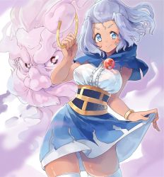 1girl blue_eyes blue_skirt blush breasts capelet center_frills chakram clothes_lift corset frills gluteal_fold hood kumoi_ichirin large_breasts light_purple_hair miniskirt naka_akira ponytail shirt skirt skirt_lift sleeveless sleeveless_shirt smile tan thighhighs touhou unzan weapon white_thighhighs zettai_ryouiki