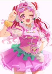 1girl back_bow bow clover_earrings cone_hair_bun cure_yell eyewear_on_head eyewear_on_headwear flower four-leaf_clover_earrings hair_bun hair_flower hair_ornament hair_ribbon heart heart-shaped_eyewear heart_hair_ornament heart_pouch highres hugtto!_precure layered_skirt long_hair looking_at_viewer magical_girl muginome_(bakuga_chan2) navel nono_hana open_mouth pink-tinted_eyewear pink_eyes pink_hair pink_shirt precure ribbon shirt short_bangs skirt sunglasses thick_eyelashes tinted_eyewear waist_brooch