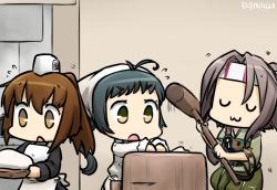 10s 3girls :3 :o apron black_hair brown_hair closed_eyes dancing dated flying_sweatdrops food fumizuki_(kancolle) hachimaki hamu_koutarou hat headband headscarf irako_(kancolle) kantai_collection kine mallet mochi mochitsuki multiple_girls muneate open_mouth ponytail u_u wagashi white_headscarf zui_zui_dance zuihou_(kancolle)