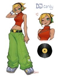 Rule 34 | 1girl, :p, absurdres, blonde hair, blue footwear, blush, closed mouth, green eyes, green pants, hand up, headphones, heart, highres, looking at viewer, matilda fiship, midriff, multiple views, mysims, navel, one eye closed, pants, puffy pants, red shirt, shirt, shoes, short hair, signature, simple background, smile, tongue, tongue out, vinyl record, white background, wristband