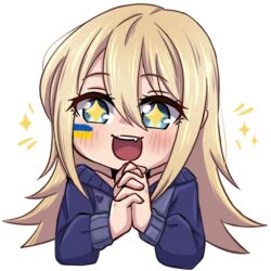 1girl black_choker blonde_hair blue_eyes blush choker facepaint fang fingernails hair_between_eyes henna_(hentaiukr) hentaiukr korzynka_persykiv long_hair non-web_source off_shoulder open_mouth own_hands_clasped own_hands_together purple_sweater smile solo star_(symbol) star_in_eye sticker sweater symbol_in_eye teeth tongue transparent_background ukrainian_flag upper_teeth_only