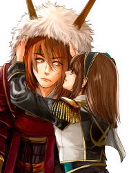 armor brown_eyes brown_hair coat epaulettes hair_between_eyes hair_ornament hairband headdress ishida_mitsunari ishida_mitsunari_(sengoku_musou) japanese_clothes lips long_bangs long_hair looking_at_another looking_to_the_side medium_hair protagonist_(sengoku_musou_chronicle) sengoku_musou sengoku_musou_chronicle smile sweatdrop tassel