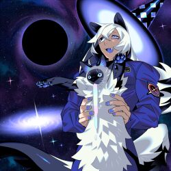 Rule 34 | 1boy, animal, animal ears, black eyes, black hair, black hole, blue eyes, blue jumpsuit, cat, colored inner hair, cowboy shot, dark-skinned male, dark skin, edarow, fang, galaxy, heterochromia, holding, holding animal, jumpsuit, long hair, longcat (meme), male focus, meme, multicolored hair, multiple tails, muscular, muscular male, original, solo, space, tail, vomiting rainbows, white hair