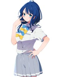 1girl absurdres aoi_mizuna blue_bow blue_bowtie blue_eyes blue_hair blush bow bowtie grey_skirt hand_on_own_hip hand_up highres looking_at_viewer make_heroine_ga_oo_sugiru! medium_hair school_uniform shirt simple_background skirt smile solo standing tsuwabuki_high_school_uniform white_shirt yanami_anna yellow_bow yellow_bowtie
