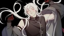 1boy a_date_with_death arms_up black_gloves blush elbow_gloves fangs from_above gloves highres jacket jacket_partially_removed jellyfish_cut looking_at_viewer lying male_focus multicolored_gloves non-web_source official_art on_back open_mouth outstretched_arms pinned red_gloves single_elbow_glove sleeveless sleeveless_turtleneck solo toned toned_male turtleneck white_hair