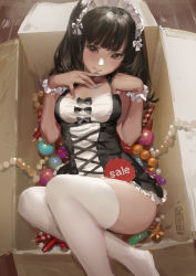 Rule 34 | 1girl, bad id, bad pixiv id, black eyes, black hair, blue nails, blunt bangs, blush, box, female focus, hjl, in box, in container, looking at viewer, maid, maid headdress, nail polish, original, sketch, solo, thighhighs, white thighhighs, wrist cuffs