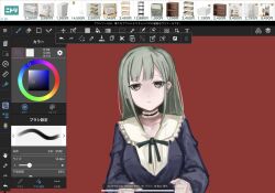 Rule 34 | 1girl, art program in frame, bang dream!, bang dream! it&#039;s mygo!!!!!, black choker, blue dress, choker, closed mouth, collarbone, commentary, dress, extreme yuri buta, frilled choker, frills, green hair, green ribbon, highres, ios (os), long hair, looking at viewer, neck ribbon, red background, ribbon, screencap, sidelocks, simple background, solo, unfinished, upper body, wakaba mutsumi, yellow eyes