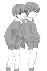 2boys cardigan child collared_shirt greyscale grin hands_on_another&#039;s_shoulders highres long_sleeves looking_at_another looking_at_viewer male_focus monochrome multiple_boys necktie original puffy_long_sleeves puffy_sleeves shirt short_hair short_shorts shorts sideways_glance simple_background sleeves_past_wrists smile socks take_no_(xtc65_0) white_background
