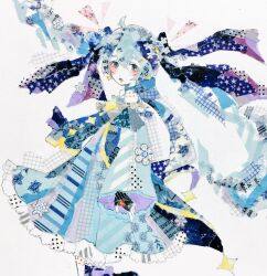Rule 34 | 1girl, :o, abstract, ahoge, aqua eyes, black gloves, black ribbon, blue cape, blue dress, blue hair, blue ribbon, blue scarf, blue sleeves, blush, cape, commentary, cowboy shot, detached sleeves, dot nose, dress, earrings, fingerless gloves, floating hair, frilled dress, frills, from side, gloves, hair between eyes, hair ornament, hair ribbon, hairclip, hatsune miku, highres, jewelry, long sleeves, looking at viewer, masking tape (medium), mixed media, open mouth, pamutaro, ribbon, scarf, sidelocks, single bare shoulder, snowflakes, solo, star (symbol), star earrings, traditional media, twintails, unconventional media, vocaloid, white background, wide sleeves, yuki miku, yuki miku (2017)